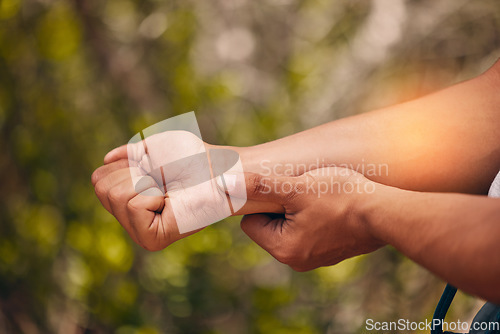 Image of Man, arm pain and abstract injury on sports workout, wellness exercise and health training in forest. Zoom on hands, fitness stress and medical emergency or burnout accident in nature hiking workout