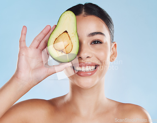 Image of Avocado skincare, beauty and clear skin routine for wellness and health with natural ingredients for glowing results. Portrait, smile and face of young model happy with organic spa treatment