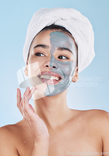 Image of Skincare, facial mask beauty model and health woman with wellness, cosmetic and relax spa therapy with smile. Portrait of healthcare girl with grooming face, happy and healthy product