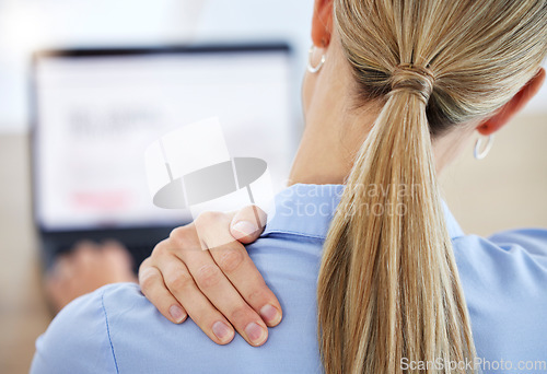 Image of Receptionist with neck pain, burnout and stress working on a laptop in her office. Woman clerk suffering from injury, muscle injury and fatigue. Secretary with tension and pressure for a work project