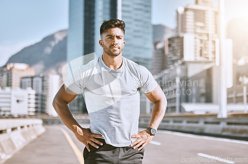 Image of Serious sports man ready for fitness, workout and healthy exercise in urban city. Strong runner, thinking guy and determined athlete with motivation training for cardio run, marathon or jog outdoors