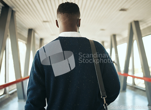 Image of Travel for business at airport, corporate worker walking to plane with luggage. Ceo work trips journey, boarding terminal and back portrait of stylish african business man leaving city