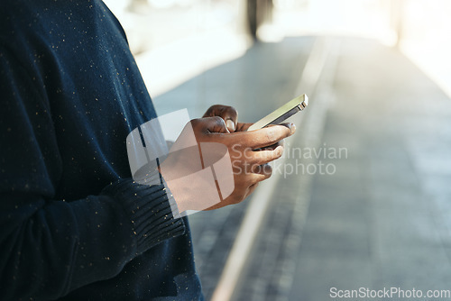 Image of Hands, phone or networking on social media app, internet search or digital iot. Closeup black man with 5g communication technology planning schedule, writing email or using contact us page on website