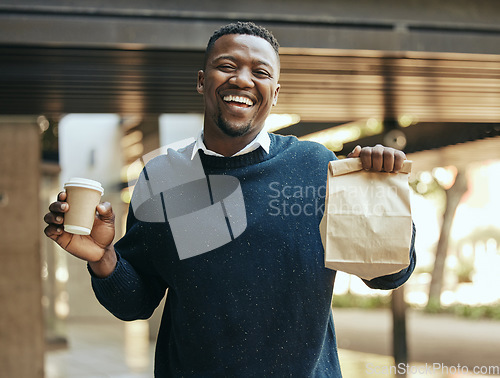 Image of Business man with food and coffee in city, eating fast food during work and hungry at lunch time in urban town. Portrait of corporate worker with paper bag, tea for drink and working with smile