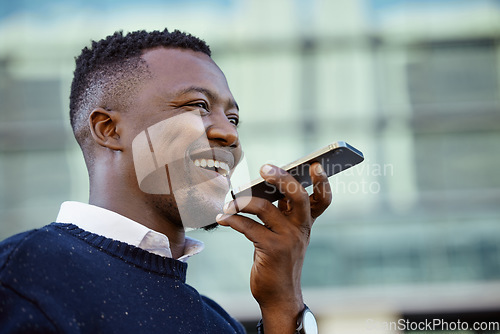 Image of Digital contact communication, phone voice recording message or phone call. Happy African businessman audio memo, speaking online technology and virtual assistant note with city bokeh background.