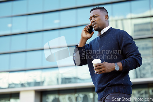 Image of Business man talking on phone call, mobile communication with coffee in city and planning work with conversation on 5g smartphone. Frustrated and concerned employee and worker in discussion on tech