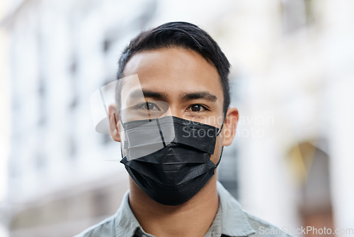 Image of Face mask, man or covid compliance portrait and motivation vision to stop global danger virus. Asian city headshot, street pedestrian or immigration people on morning commute and buildings background