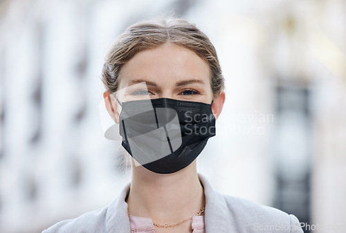 Image of Covid face mask and business woman in city with happy portrait, vision for future success and leadership. Trust, care and responsible leader, boss or compliance manager preventing the spread of virus