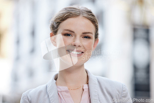 Image of Portrait of a smile of a happy woman entrepreneur outside with vision for a success in business and her startup company. Corporate worker, startup or manager face looking cheerful with motivated