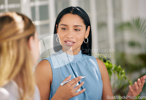 Image of Manager, CEO or leader meeting with an employee and talking or discussing the vision, mission and plan for company growth and development. Teamwork, management and leadership in a corporate office