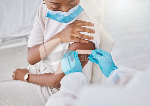 Image of Covid vaccine, mask and nurse giving plaster to patient. Medical worker covering arm with care after doing checks in lab. Consulting, trust and medicine for virus immunity and science.