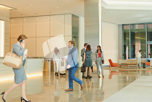 Image of Business people, walking and an airport terminal for travel, global trade and success. Working, group and workers take steps though lobby with communication, check in and catch international flights.