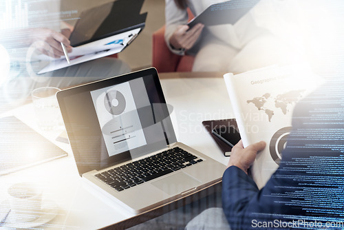 Image of Business people, laptop and analytics working at the office in research or data statistics in double exposure. Employee team in corporate strategy, competitor analysis or marketing in digital overlay