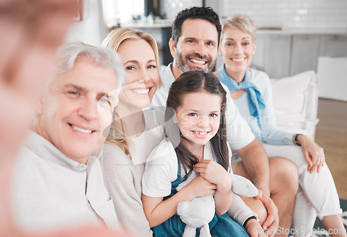 Image of Big family, happy and selfie on home sofa with grandparents, parents and child together. Relax, family home and photograph memory in Australia house with mother, dad and senior relatives.