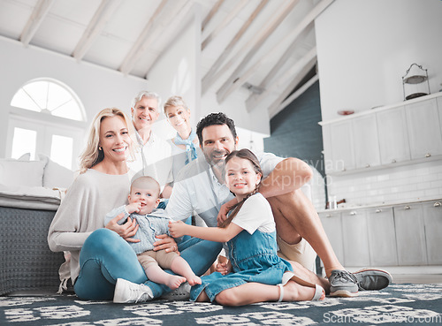 Image of Family, love and portrait of big family relax in the family home for fun and care with mother, father and grandparents. Generations, grandfather and grandmother with parents and children bond at home