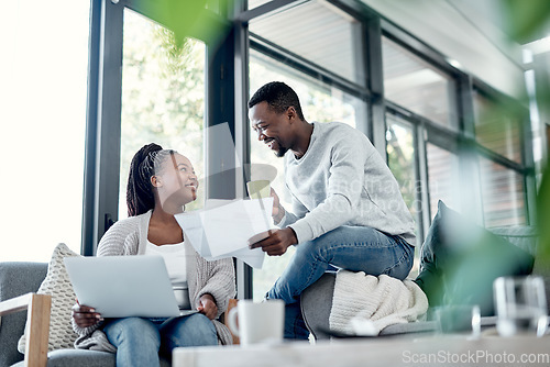 Image of Planning finance budget, banking on laptop or becoming debt free while couple with paperwork look excited, happy or cheerful. Man and woman winning lottery, securing financial home loan and mortgage