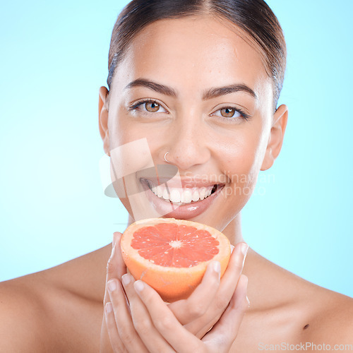 Image of Beauty, grapefruit and portrait of woman with skincare glow, facial treatment and vitamin c food for health detox. Fruit diet product, nutritionist girl and model face with natural cosmetics routine