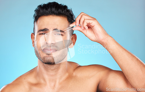 Image of Beauty, grooming and eyebrow with man and tweezers for self care, hair removal and facial. Pain, focus and shape with model and plucking for cosmetics, treatment and cleaning in blue background