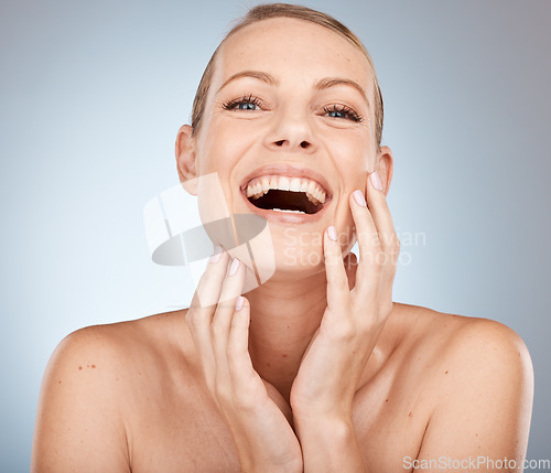 Image of Woman, laugh or skincare face glow on grey studio background mock up in wellness, cosmetic or dermatology routine. Portrait, smile or beauty model and skin or happy facial expression for skin care