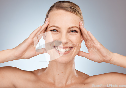 Image of Woman, face and skincare beauty, happy smile and cosmetics for health or wellness advertising in grey studio background mockup. Female model, clean skin or facial cosmetics, happiness or healthy glow