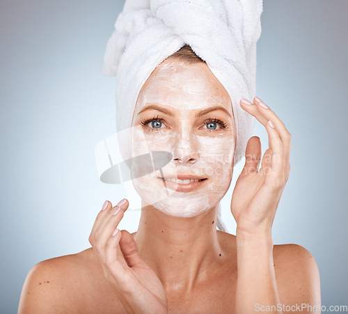 Image of Beauty, skincare and facial with mask on woman face for spa, shower and luxury with self care. Cosmetics, dermatology and cleaning with portrait of model with towel for health, moisturize or cleanse