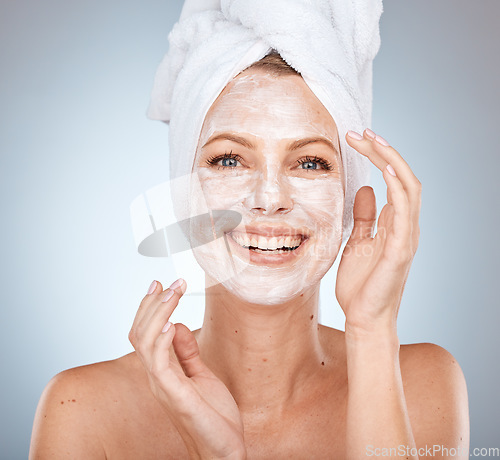 Image of Portrait of woman facial and skincare mask after shower, body cleaning and cosmetics for beauty, detox and wellness on studio background. Happy model, face mask product and aesthetic transformation