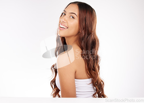 Image of Hair care, wellness and hair beauty of a woman happy about cosmetic hairdresser extensions. Hair salon treatment, model portrait and mockup or a person with happiness about keratin glow and shine