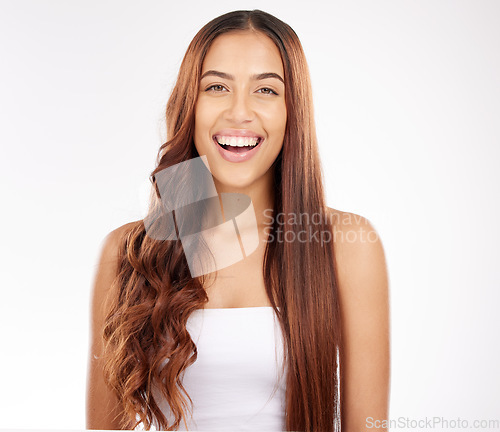 Image of Portrait, hair and woman in studio for beauty, hair care and different style, change and grooming on white background. Face, girl and model relax, excited about half, option and choice of hairstyle