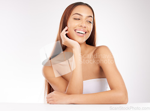 Image of Beauty, skincare and thinking with a model black woman in studio on a gray background for antiaging treatment. Wellness, luxury and cosmetics with an attractive young female inside for natural skin