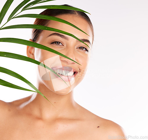 Image of Leaf, skincare and natural cosmetic beauty of a woman portrait happy about sustainability cosmetics. Makeup, organic and plant based skin wellness from eco, green and eco friendly dermatology