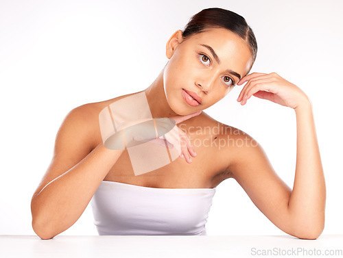 Image of Portrait, woman and beauty in studio for skin care, relax and hygiene against white background. Face, skin and wellness girl model with product satisfaction, calm and content after luxury grooming