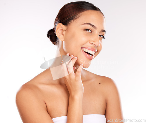 Image of Skincare, beauty and portrait of latin woman on a white background in studio for wellness, spa and body care. Dermatology, health and face of happy girl for treatment, skincare products and cosmetics