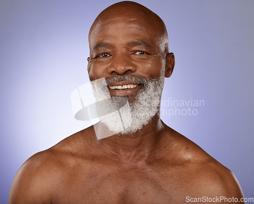 Image of Skincare, happy and portrait of senior black man with satisfied smile for natural cosmetic wellness. Aesthetic, self care and dermatology of mature body care model on purple studio background.