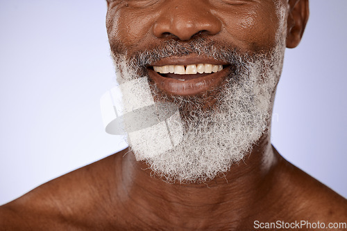 Image of Zoom, dental or teeth of a black man with smile after dentist appointment for teeth whitening or cleaning in studio. Tooth, mockup or happy elderly person with mouth or oral hygiene smiles with pride