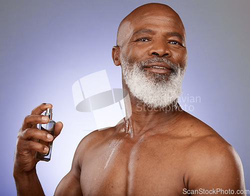 Image of Black man, beauty and perfume with cosmetic and clean, hygiene portrait with skin, senior model with parfum product and cologne. Fragrance, scent and grooming with cosmetics with purple background.