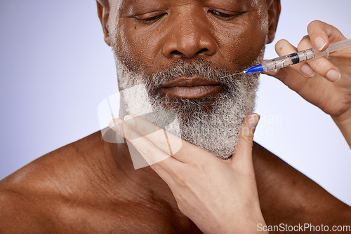 Image of Injection, senior man and needle for skincare, collagen and face lift on grey studio background. Plastic surgery, black male and relax for wellness, anti aging and toned skin for facial muscles