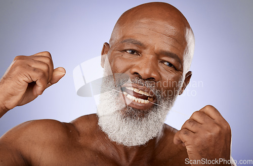 Image of Dental flossing, teeth and senior black man marketing natural cleaning, wellness and health on purple background in studio. Tooth care, oral hygiene and portrait of elderly model advertising product