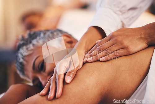 Image of Senior woman, hands and body massage for spa wellness, luxury zen therapy and healthy skin. Elerly person, masseuse and calm physical therapy, skincare cosmetics and calm body care in beauty salon