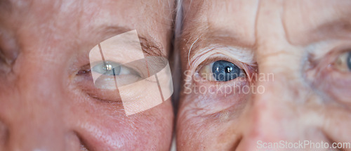 Image of Face, eyes and love with a senior couple closeup inside enjoying retirement while spending time together. Blue eyes, vision and wrinkles with a mature man and woman bonding during a loving moment