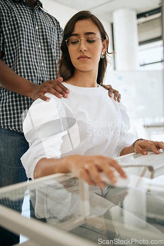 Image of Sexual harassment, scared and confused woman in office uncomfortable working with coworker. Abuse, anxiety and stress of receptionist girl at desk nervous for flirting touch of man colleague.