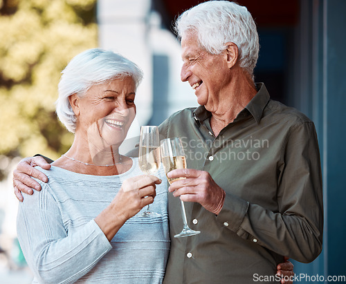 Image of Senior couple, celebration and toast with champagne for anniversary, love and date outdoor with happy smile. Elderly man, woman and toast with alcohol drink, happiness and enjoy marriage relationship