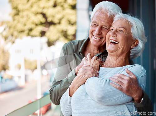 Image of Senior man embracing his wife with love, happiness and care in the backyard of their home in Canada. Happy, smile and elderly couple hugging, laughing and bonding in outdoor garden at their house.