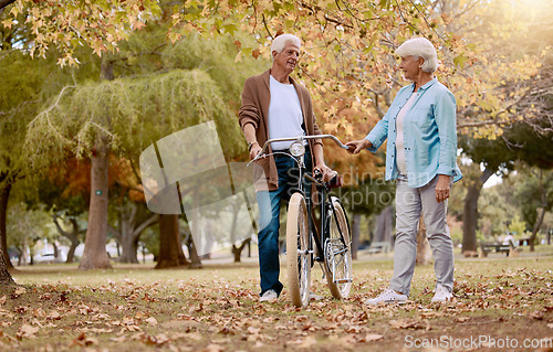 Image of Senior couple, bonding or bicycle learning in countryside nature, public park or garden on love date, experience or opportunity. Retirement elderly, man or woman with bike for relax transport travel