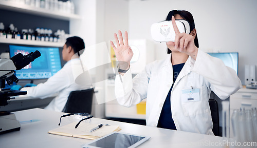 Image of Virtual reality, glasses and science with scientist woman in 3d metaverse, software innovation and biotechnology research in laboratory. VR, ai and futuristic medical expert with cyber technology app