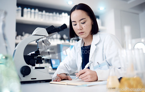 Image of Science, chemistry research notebook and scientist writing chemical engineering report for pharmaceutical medicine development. Innovation, microscope and Asian woman working on laboratory analysis