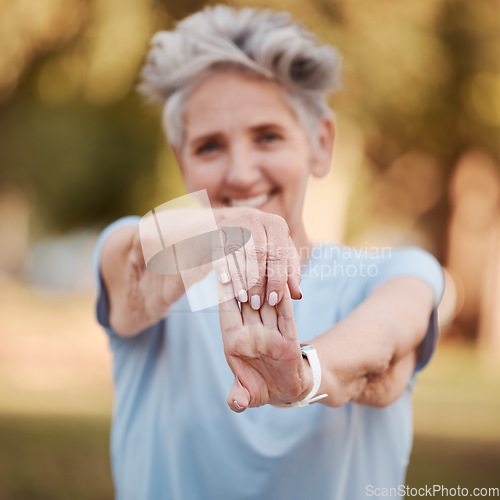 Image of Senior woman, stretching arms and outdoor exercise for body care fitness, workout training or healthy retirement lifestyle. Elderly person, cardio performance and zen yoga endurance in nature park