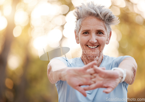 Image of Happy, fitness or old woman stretching arms in nature for body wellness, training or outdoor exercise in Australia. Smile, portrait or elderly sports person exercising in warm up in forest in spring