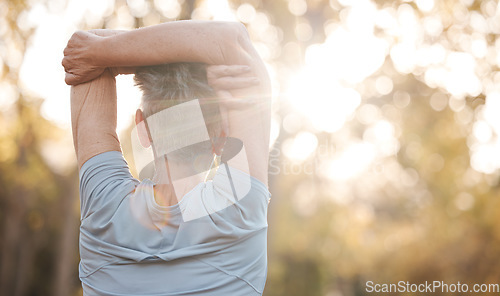 Image of Senior woman, back and stretching arms in fitness workout, training or exercise in nature park, garden or countryside environment. Retirement elderly, pensioner or warm up for mobility or healthcare