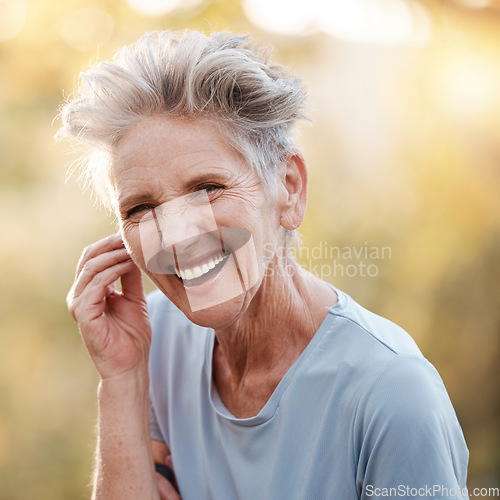 Image of Senior woman, laughing and fitness break in nature park, garden or countryside environment in mobility healthcare, wellness and self care. Smile, happy and comic retirement elderly in exercise rest