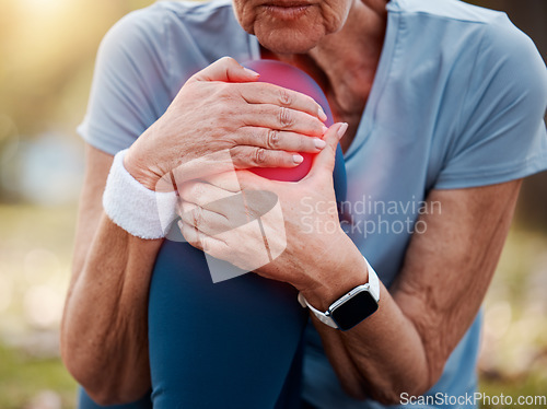 Image of Fitness, health and senior woman with knee pain outdoors after workout accident. Sports, retirement and elderly female with leg injury, muscle tension or fibromyalgia after training exercise outside.